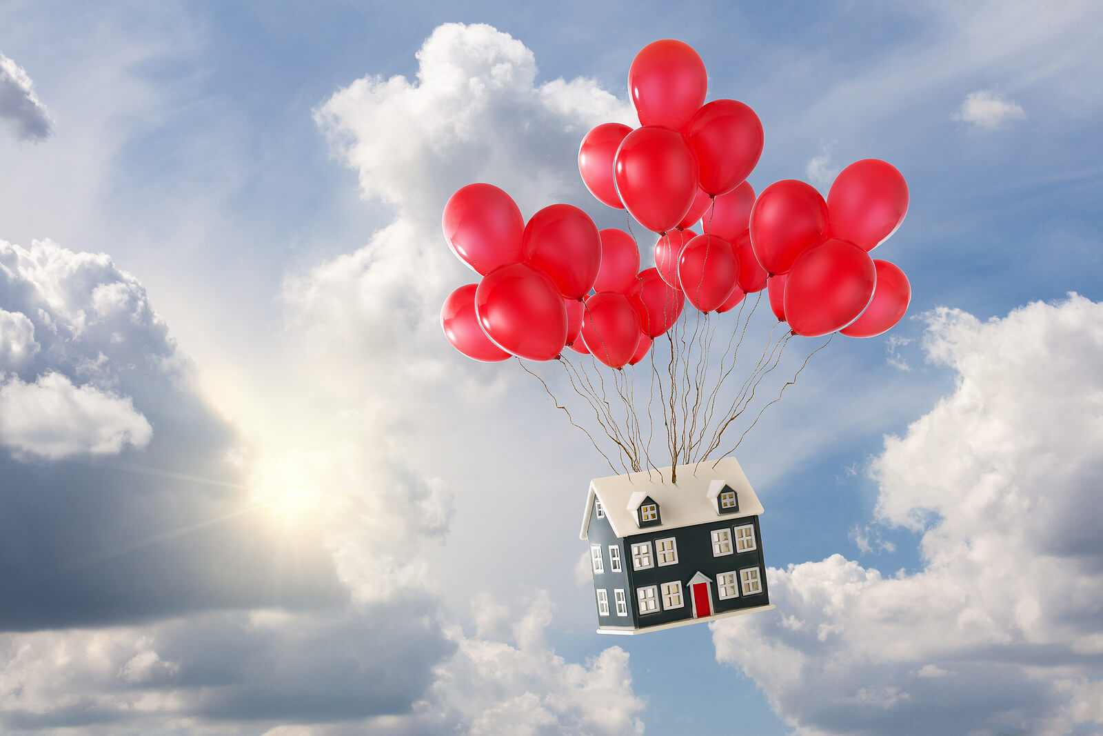 house floating away tied to balloons