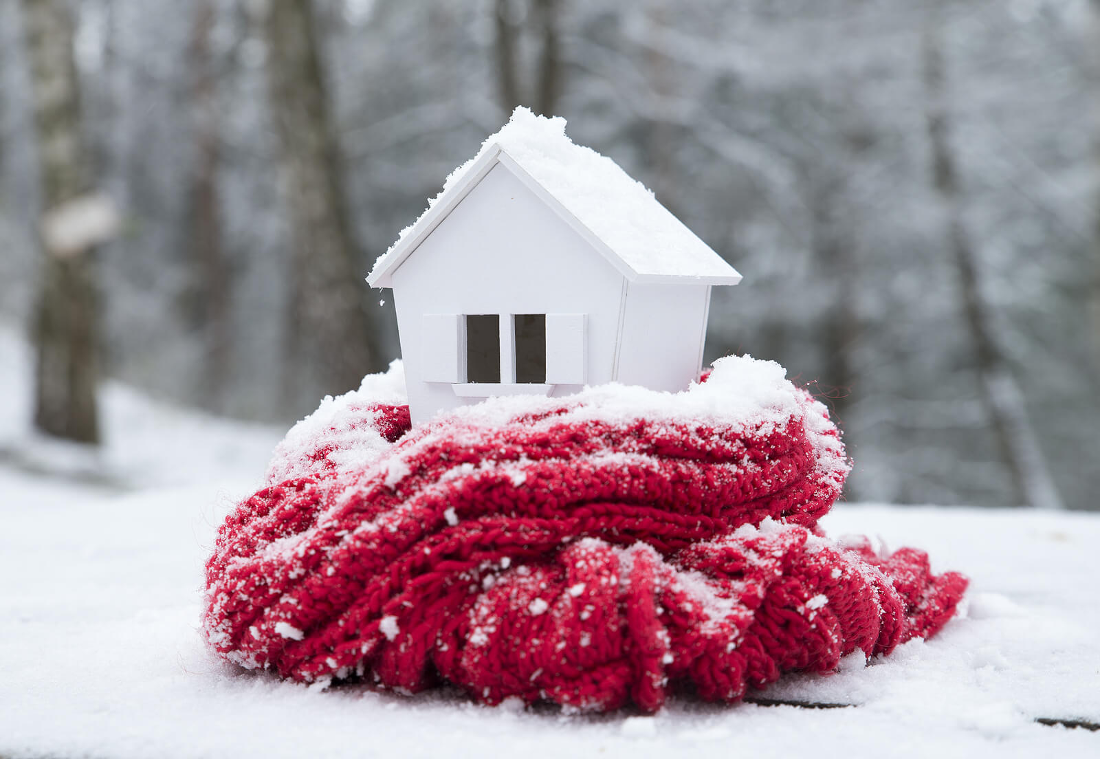 snow covered model house wrapped in a scarf