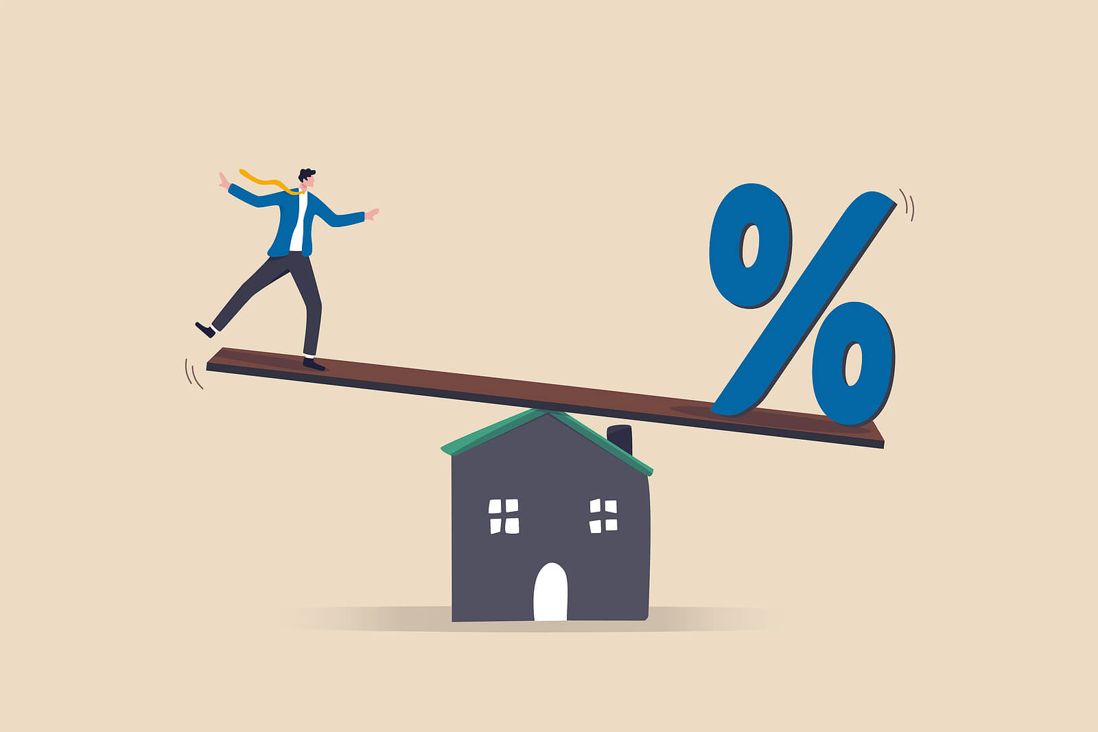 a percent sign and a person balancing over a house